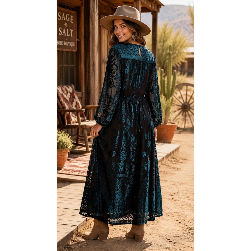 SOFT SURROUNDINGS Floral Velvet Dimora Maxi Dress Teal Brown Burnout X-Large - Picture 7 of 11